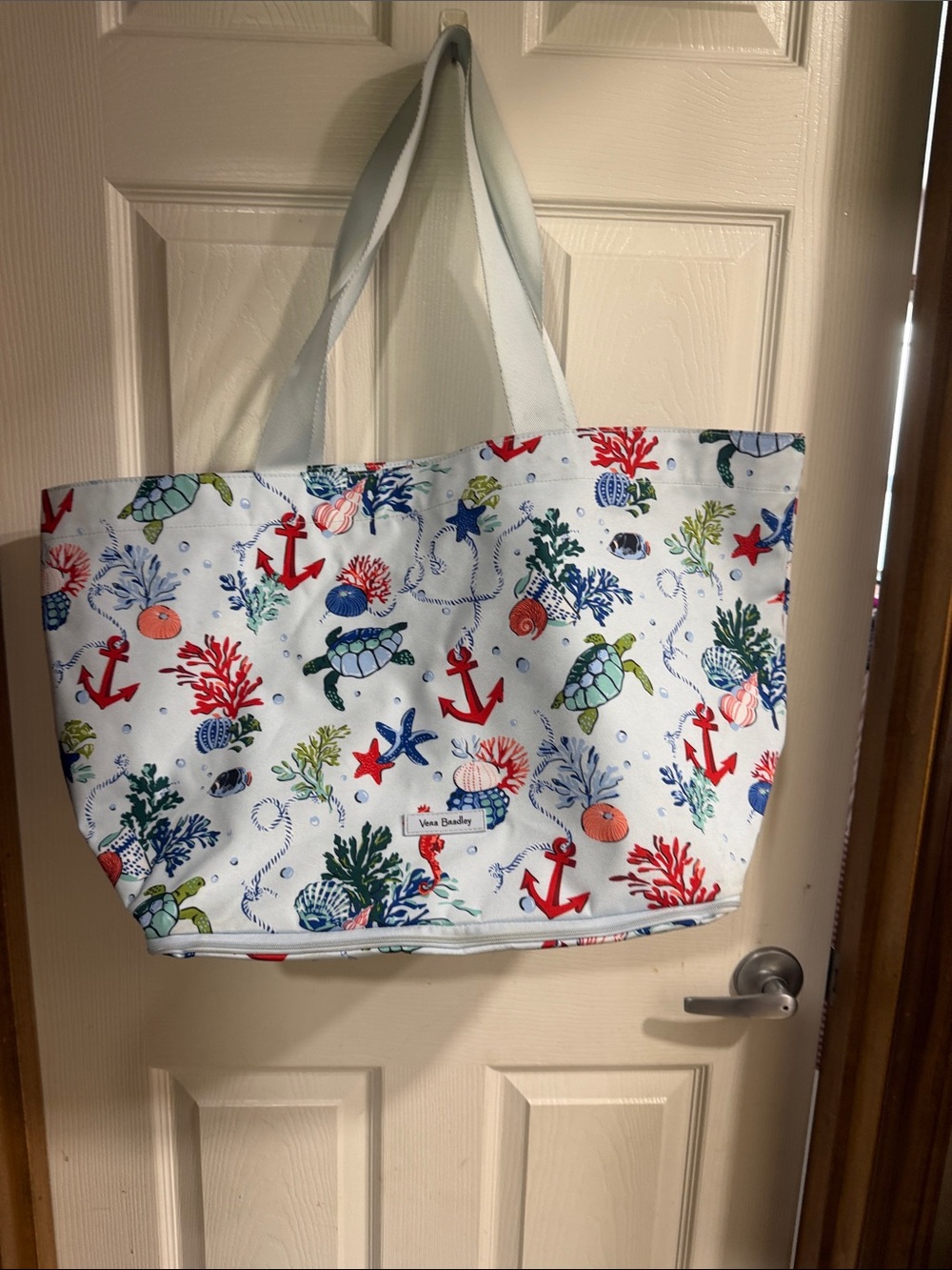 Vera Bradley White Sea Life Tote with Red, Blue & Green Accents